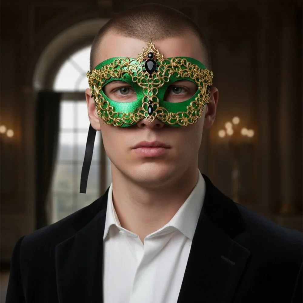 Men's masquerade mask, masquerade ball mask, Gold Green masquerade Mask, 2 in 1